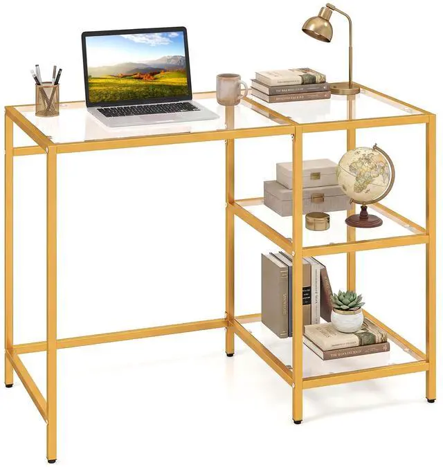 Main image of Computer Desk, 42 Inch Home Office Desk with Tempered Glass, Storage Shelves & Metal Frame, Modern Work PC Desk, Study Writing Table for Small Space