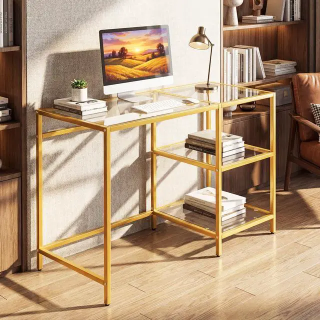 Alt view image 2 of 6 - Computer Desk, 42 Inch Home Office Desk with Tempered Glass, Storage Shelves & Metal Frame, Modern Work PC Desk, Study Writing Table for Small Space