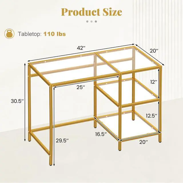 Alt view image 3 of 6 - Computer Desk, 42 Inch Home Office Desk with Tempered Glass, Storage Shelves & Metal Frame, Modern Work PC Desk, Study Writing Table for Small Space