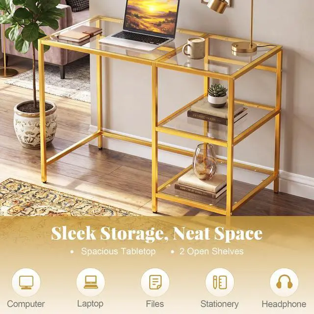 Alt view image 4 of 6 - Computer Desk, 42 Inch Home Office Desk with Tempered Glass, Storage Shelves & Metal Frame, Modern Work PC Desk, Study Writing Table for Small Space