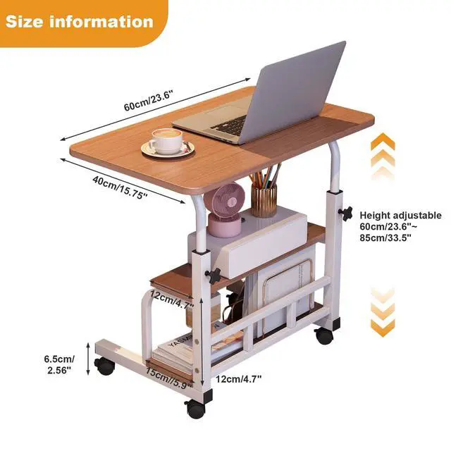 Alt view image 2 of 6 - Adjustable Height Mobile Standing Desk with Wheels Portable Rolling Computer Desk Storage Shelves Home Office & Small Spaces Walnut Color