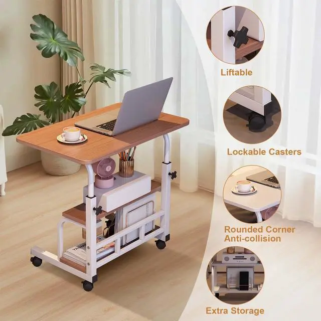 Alt view image 3 of 6 - Adjustable Height Mobile Standing Desk with Wheels Portable Rolling Computer Desk Storage Shelves Home Office & Small Spaces Walnut Color