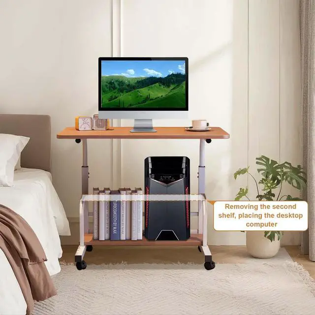 Alt view image 5 of 6 - Adjustable Height Mobile Standing Desk with Wheels Portable Rolling Computer Desk Storage Shelves Home Office & Small Spaces Walnut Color