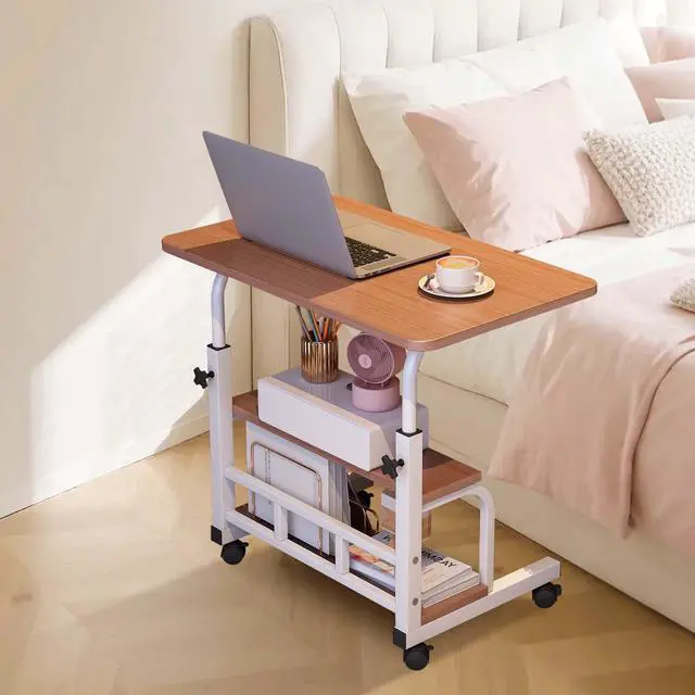Alt view image 6 of 6 - Adjustable Height Mobile Standing Desk with Wheels Portable Rolling Computer Desk Storage Shelves Home Office & Small Spaces Walnut Color