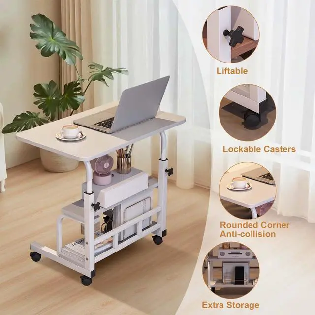 Alt view image 3 of 6 - Adjustable Height Mobile Standing Desk with Wheels Portable Rolling Computer Table Storage Shelves Home Office & Small Spaces