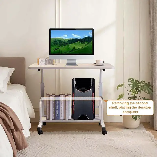 Alt view image 4 of 6 - Adjustable Height Mobile Standing Desk with Wheels Portable Rolling Computer Table Storage Shelves Home Office & Small Spaces