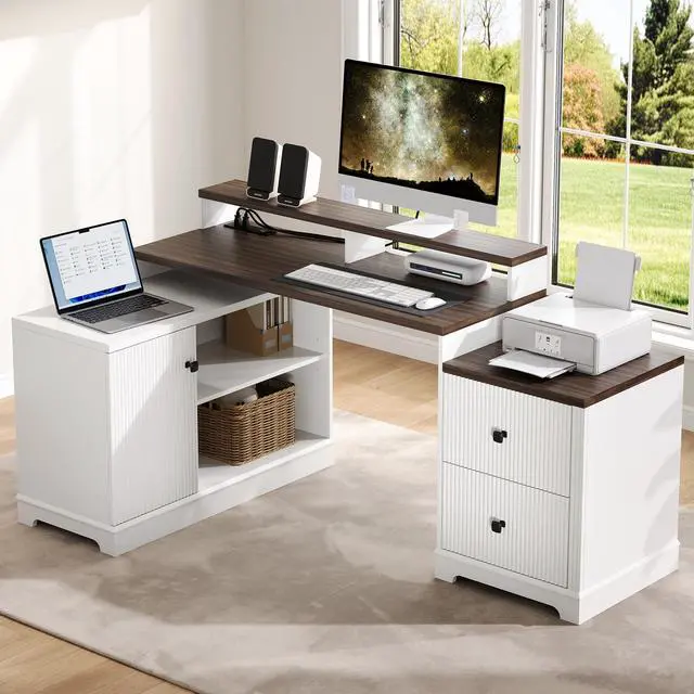 Main image of 67" L Shaped Executive Desk with Drawers & Storage Shelf, Corner Computer Desk with Power Outlets, Home Office Desk with Monitor Stand, Printer Shelf, Computer Writing Desk for Work, Antique White