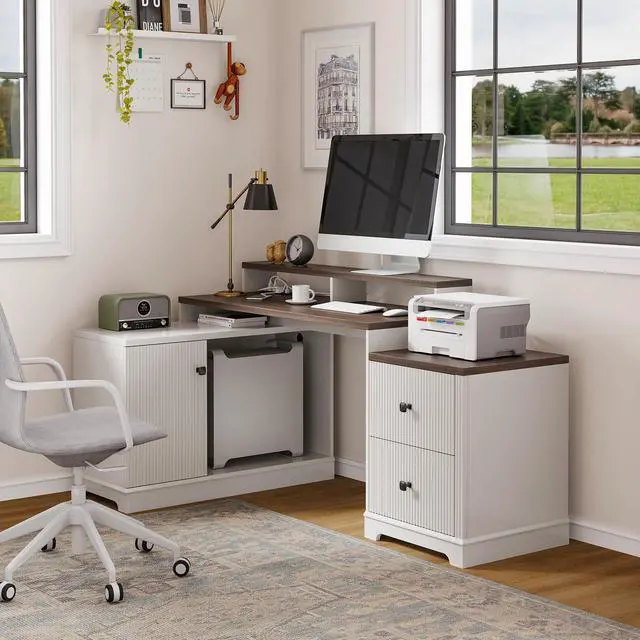 Alt view image 3 of 6 - 67" L Shaped Executive Desk with Drawers & Storage Shelf, Corner Computer Desk with Power Outlets, Home Office Desk with Monitor Stand, Printer Shelf, Computer Writing Desk for Work, Antique White
