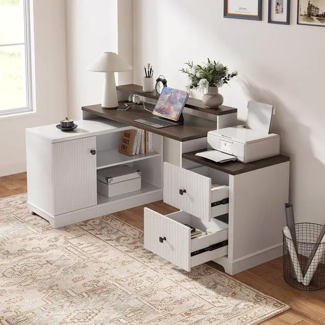 Alt view image 4 of 6 - 67" L Shaped Executive Desk with Drawers & Storage Shelf, Corner Computer Desk with Power Outlets, Home Office Desk with Monitor Stand, Printer Shelf, Computer Writing Desk for Work, Antique White