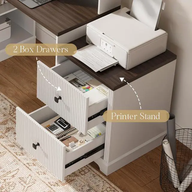 Alt view image 6 of 6 - 67" L Shaped Executive Desk with Drawers & Storage Shelf, Corner Computer Desk with Power Outlets, Home Office Desk with Monitor Stand, Printer Shelf, Computer Writing Desk for Work, Antique White