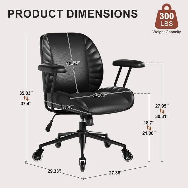 Alt view image 2 of 6 - Home Office Desk Chair, Adjustable Comfy Office Chair with Wheels,Leather Office Chair with Removable Armrests, Office Desk Chair with Lumbar Support for Home Office or Workspace, Black