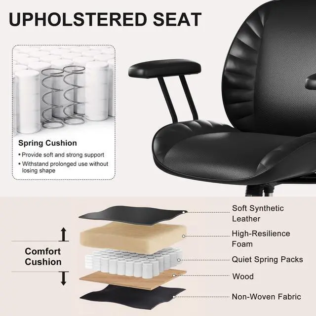 Alt view image 3 of 6 - Home Office Desk Chair, Adjustable Comfy Office Chair with Wheels,Leather Office Chair with Removable Armrests, Office Desk Chair with Lumbar Support for Home Office or Workspace, Black