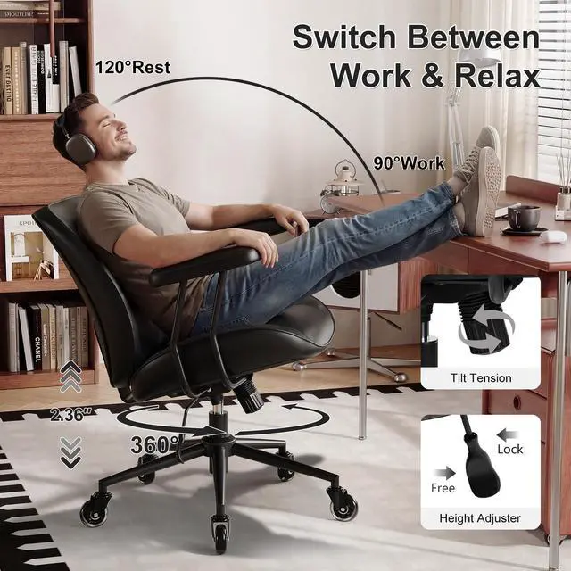 Alt view image 4 of 6 - Home Office Desk Chair, Adjustable Comfy Office Chair with Wheels,Leather Office Chair with Removable Armrests, Office Desk Chair with Lumbar Support for Home Office or Workspace, Black