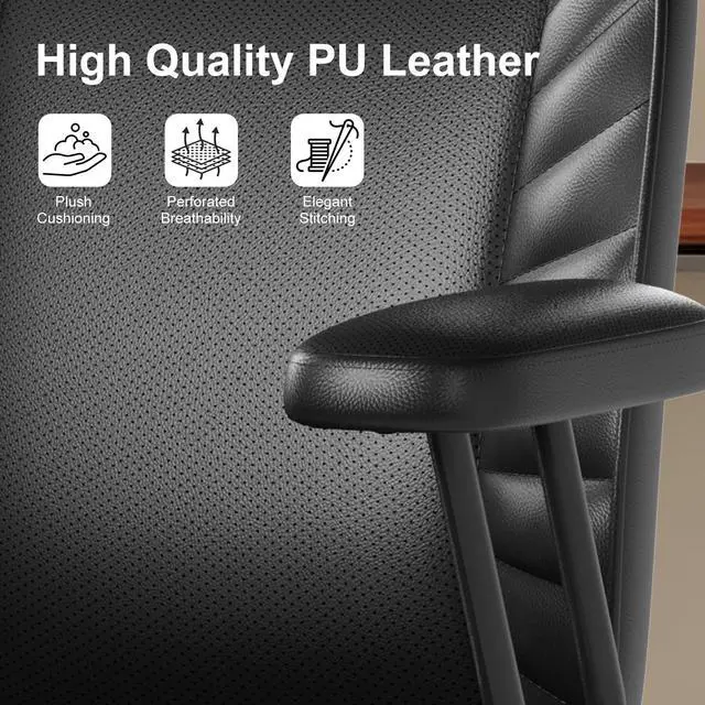 Alt view image 5 of 6 - Home Office Desk Chair, Adjustable Comfy Office Chair with Wheels,Leather Office Chair with Removable Armrests, Office Desk Chair with Lumbar Support for Home Office or Workspace, Black