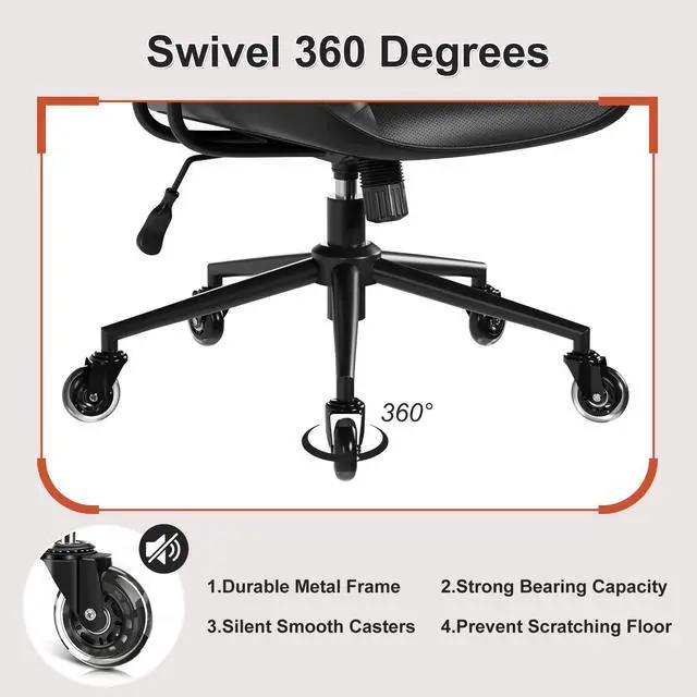 Alt view image 6 of 6 - Home Office Desk Chair, Adjustable Comfy Office Chair with Wheels,Leather Office Chair with Removable Armrests, Office Desk Chair with Lumbar Support for Home Office or Workspace, Black