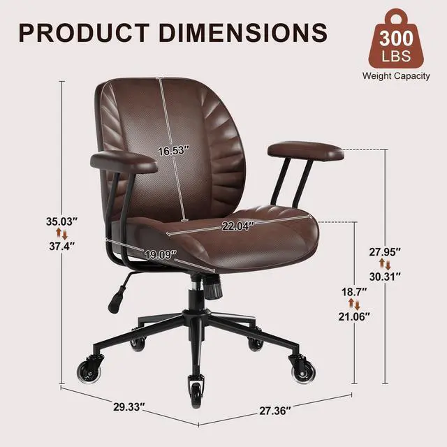 Alt view image 2 of 6 - Home Office Desk Chair, Adjustable Comfy Office Chair with Wheels,Leather Office Chair with Removable Armrests, Office Desk Chair with Lumbar Support for Home Office or Workspace, Dark Brown
