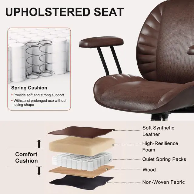 Alt view image 3 of 6 - Home Office Desk Chair, Adjustable Comfy Office Chair with Wheels,Leather Office Chair with Removable Armrests, Office Desk Chair with Lumbar Support for Home Office or Workspace, Dark Brown