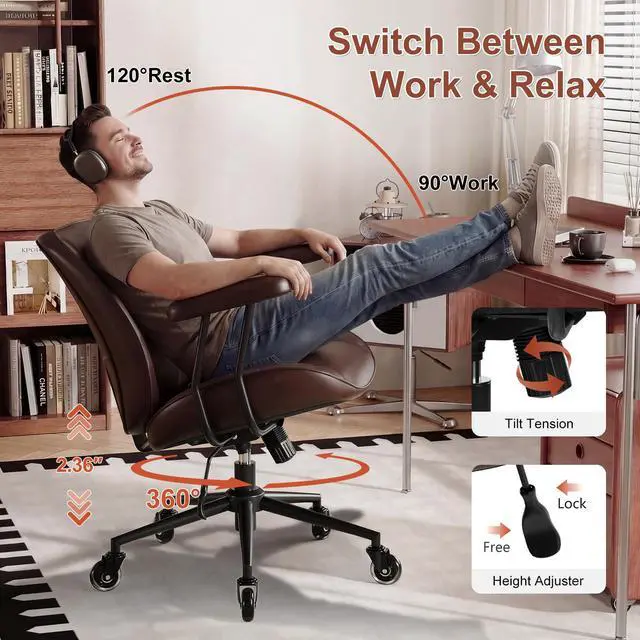 Alt view image 4 of 6 - Home Office Desk Chair, Adjustable Comfy Office Chair with Wheels,Leather Office Chair with Removable Armrests, Office Desk Chair with Lumbar Support for Home Office or Workspace, Dark Brown
