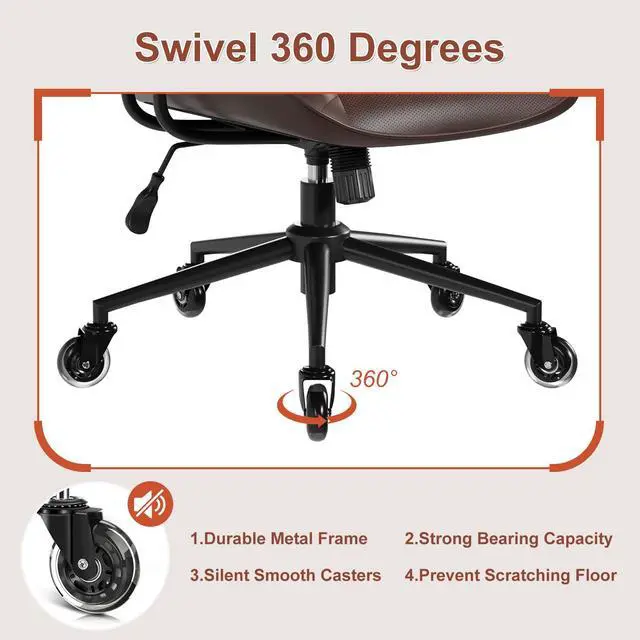 Alt view image 6 of 6 - Home Office Desk Chair, Adjustable Comfy Office Chair with Wheels,Leather Office Chair with Removable Armrests, Office Desk Chair with Lumbar Support for Home Office or Workspace, Dark Brown