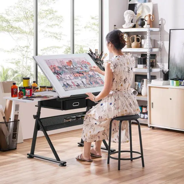 Alt view image 2 of 6 - Drafting Table Art Craft Desk with Storage, Wooden Drawing Table with Adjustable Angle, Workstation for Reading&Writing, Foldable Artist Painting Table Crafts Desk with Extra Large Desktop