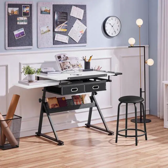 Alt view image 4 of 6 - Drafting Table Art Craft Desk with Storage, Wooden Drawing Table with Adjustable Angle, Workstation for Reading&Writing, Foldable Artist Painting Table Crafts Desk with Extra Large Desktop