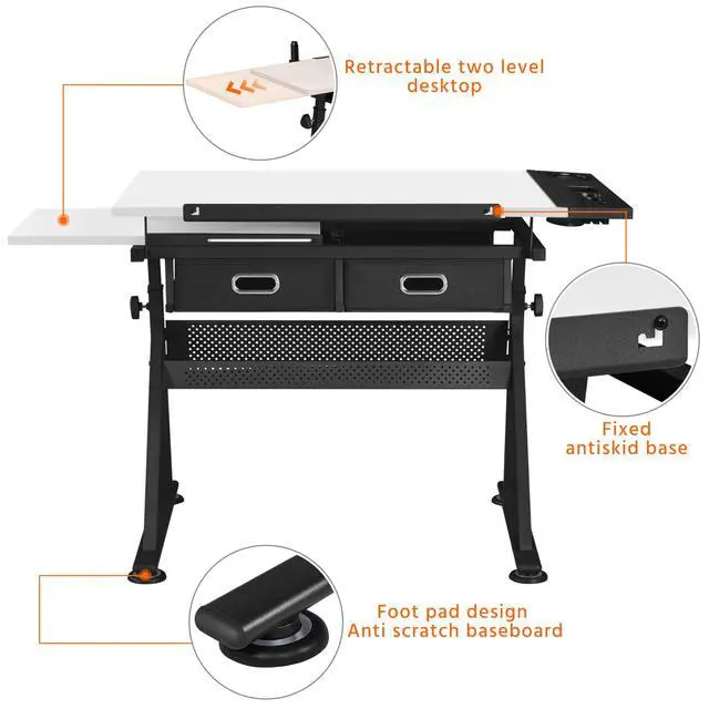 Alt view image 6 of 6 - Drafting Table Art Craft Desk with Storage, Wooden Drawing Table with Adjustable Angle, Workstation for Reading&Writing, Foldable Artist Painting Table Crafts Desk with Extra Large Desktop