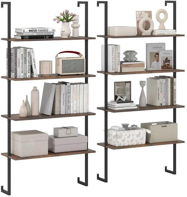 Main image of 4 Tier Modern Wall Mounted Bookshelf Set of 2, 64" Industrial Rustic Brown Wood Bookcase with Metal Frame, Display Storage Rack Organizer, Ladder Shelf Bookcase for Living Room, Kitchen