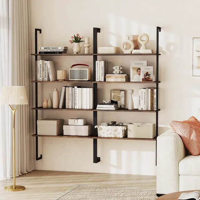 Alt view image 2 of 6 - 4 Tier Modern Wall Mounted Bookshelf Set of 2, 64" Industrial Rustic Brown Wood Bookcase with Metal Frame, Display Storage Rack Organizer, Ladder Shelf Bookcase for Living Room, Kitchen
