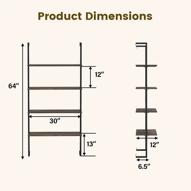 Alt view image 3 of 6 - 4 Tier Modern Wall Mounted Bookshelf Set of 2, 64" Industrial Rustic Brown Wood Bookcase with Metal Frame, Display Storage Rack Organizer, Ladder Shelf Bookcase for Living Room, Kitchen