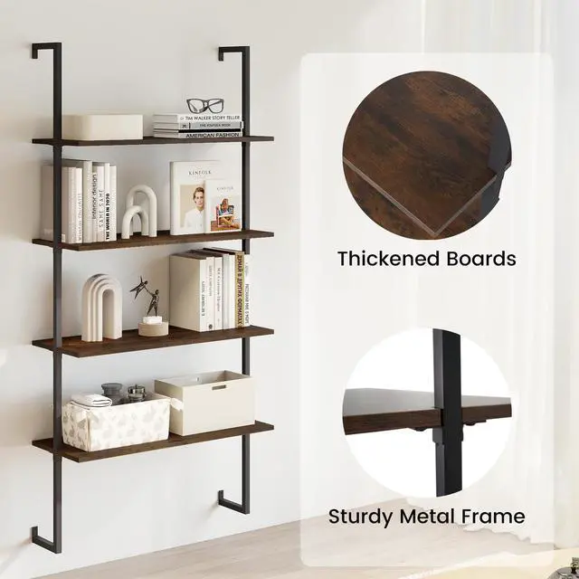 Alt view image 5 of 6 - 4 Tier Modern Wall Mounted Bookshelf Set of 2, 64" Industrial Rustic Brown Wood Bookcase with Metal Frame, Display Storage Rack Organizer, Ladder Shelf Bookcase for Living Room, Kitchen