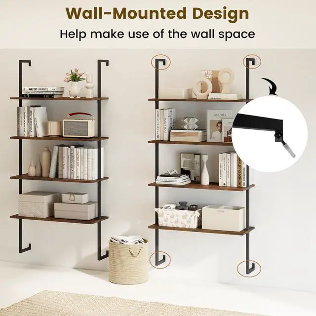 Alt view image 6 of 6 - 4 Tier Modern Wall Mounted Bookshelf Set of 2, 64" Industrial Rustic Brown Wood Bookcase with Metal Frame, Display Storage Rack Organizer, Ladder Shelf Bookcase for Living Room, Kitchen
