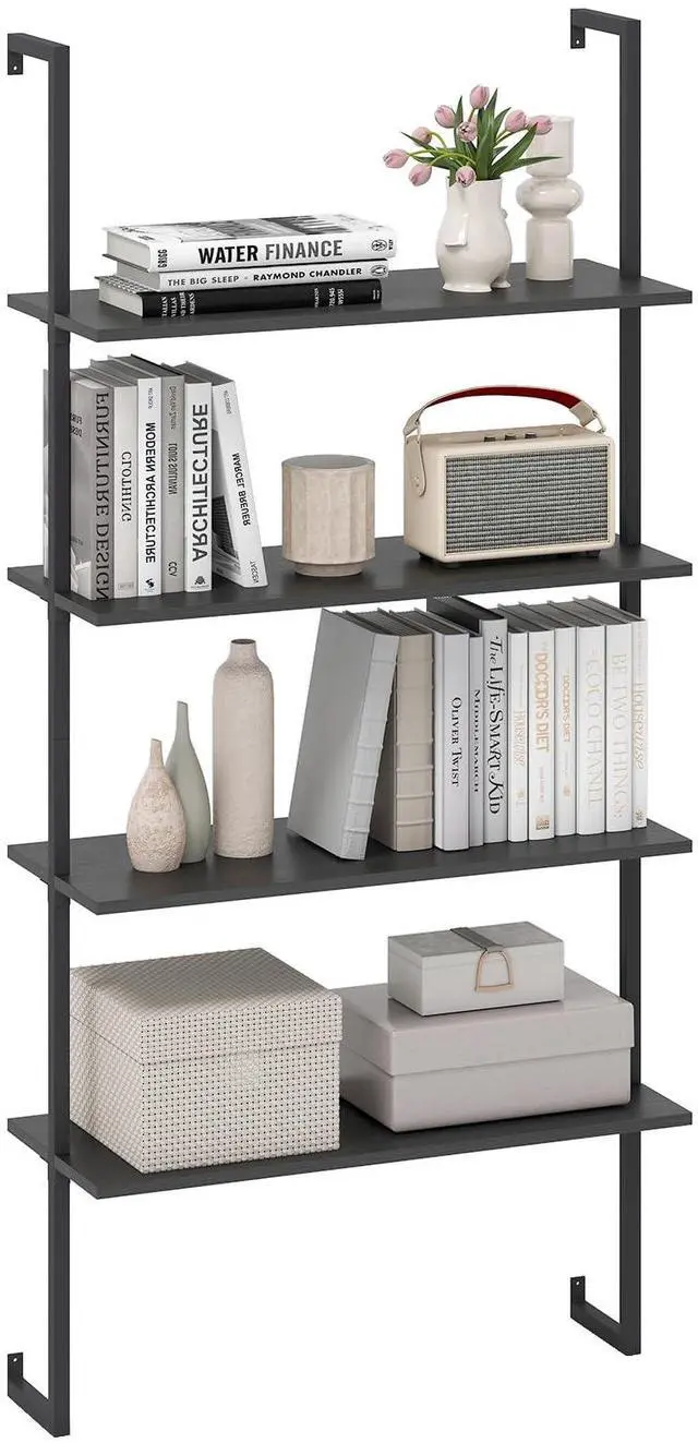 Main image of 4 Tier Modern Wall Mounted Bookshelf, 64" Industrial Wood Bookcase with Metal Frame, Display Storage Rack Organizer, Ladder Shelf Bookcase for Living Room, Kitchen (1, Black)