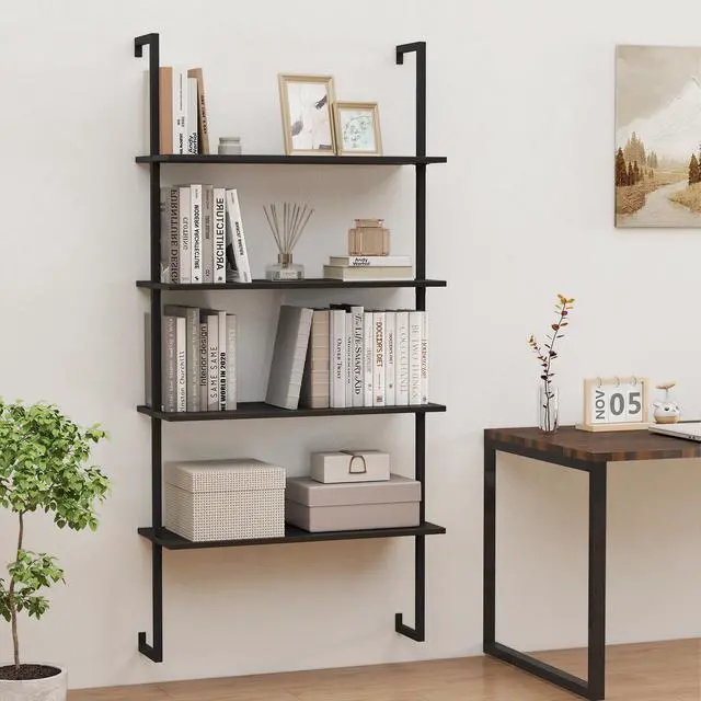 Alt view image 2 of 6 - 4 Tier Modern Wall Mounted Bookshelf, 64" Industrial Wood Bookcase with Metal Frame, Display Storage Rack Organizer, Ladder Shelf Bookcase for Living Room, Kitchen (1, Black)