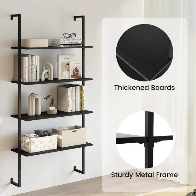 Alt view image 5 of 6 - 4 Tier Modern Wall Mounted Bookshelf, 64" Industrial Wood Bookcase with Metal Frame, Display Storage Rack Organizer, Ladder Shelf Bookcase for Living Room, Kitchen (1, Black)