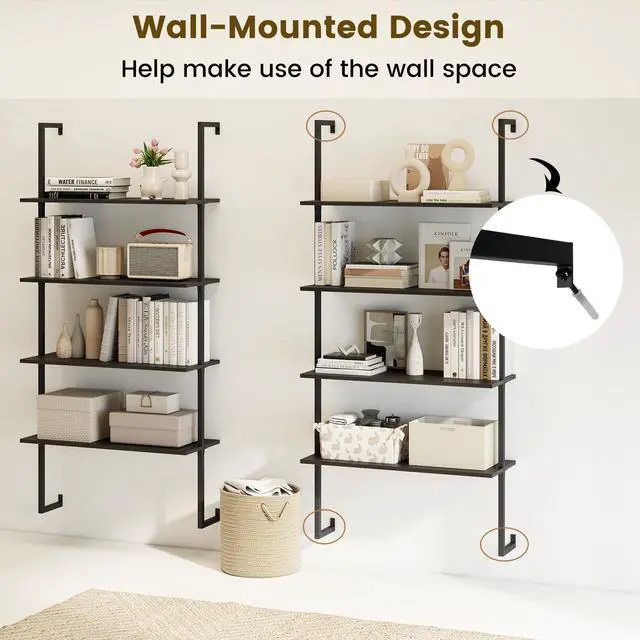 Alt view image 6 of 6 - 4 Tier Modern Wall Mounted Bookshelf, 64" Industrial Wood Bookcase with Metal Frame, Display Storage Rack Organizer, Ladder Shelf Bookcase for Living Room, Kitchen (1, Black)