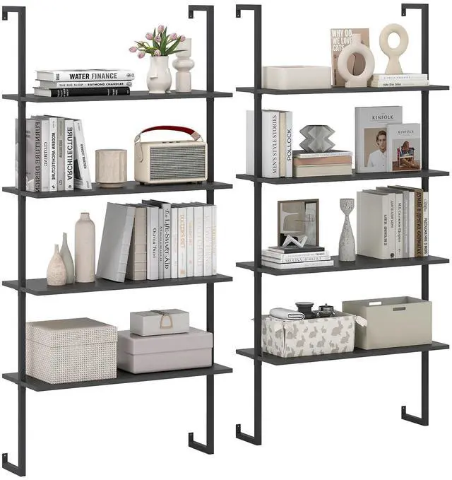 Main image of 4 Tier Modern Wall Mounted Bookshelf Set of 2, 64" Industrial Wood Bookcase with Metal Frame, Display Storage Rack Organizer, Ladder Shelf Bookcase for Living Room, Kitchen (2, Black)