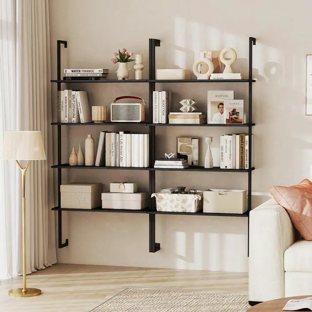 Alt view image 2 of 6 - 4 Tier Modern Wall Mounted Bookshelf Set of 2, 64" Industrial Wood Bookcase with Metal Frame, Display Storage Rack Organizer, Ladder Shelf Bookcase for Living Room, Kitchen (2, Black)