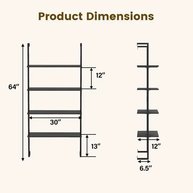 Alt view image 3 of 6 - 4 Tier Modern Wall Mounted Bookshelf Set of 2, 64" Industrial Wood Bookcase with Metal Frame, Display Storage Rack Organizer, Ladder Shelf Bookcase for Living Room, Kitchen (2, Black)