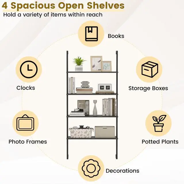 Alt view image 4 of 6 - 4 Tier Modern Wall Mounted Bookshelf Set of 2, 64" Industrial Wood Bookcase with Metal Frame, Display Storage Rack Organizer, Ladder Shelf Bookcase for Living Room, Kitchen (2, Black)
