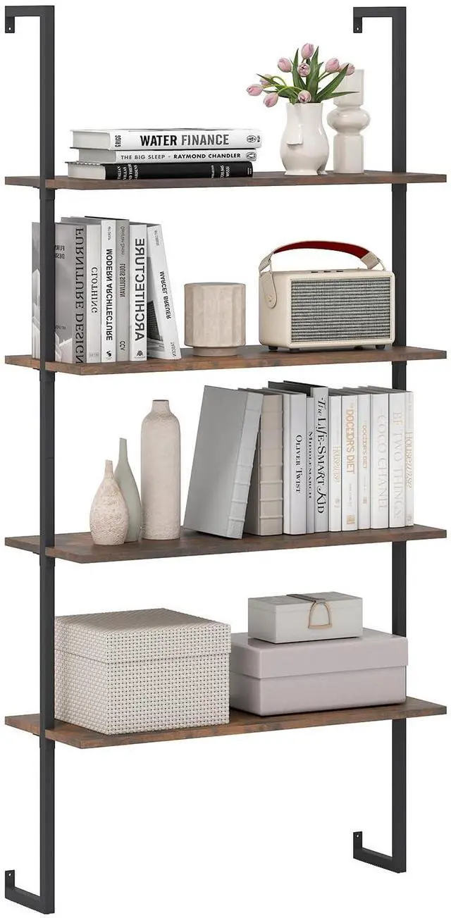 Main image of 4 Tier Modern Wall Mounted Bookshelf Rustic Brown, 64" Industrial Wood Bookcase with Metal Frame, Display Storage Rack Organizer, Ladder Shelf Bookcase for Living Room, Kitchen