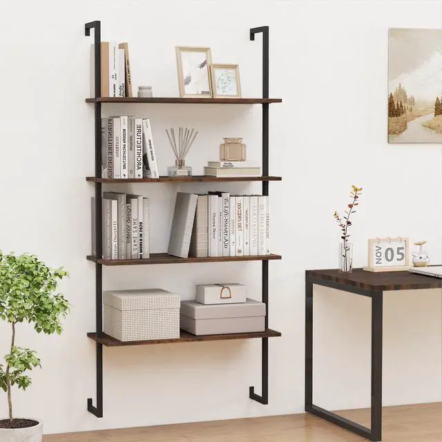 Alt view image 2 of 6 - 4 Tier Modern Wall Mounted Bookshelf Rustic Brown, 64" Industrial Wood Bookcase with Metal Frame, Display Storage Rack Organizer, Ladder Shelf Bookcase for Living Room, Kitchen