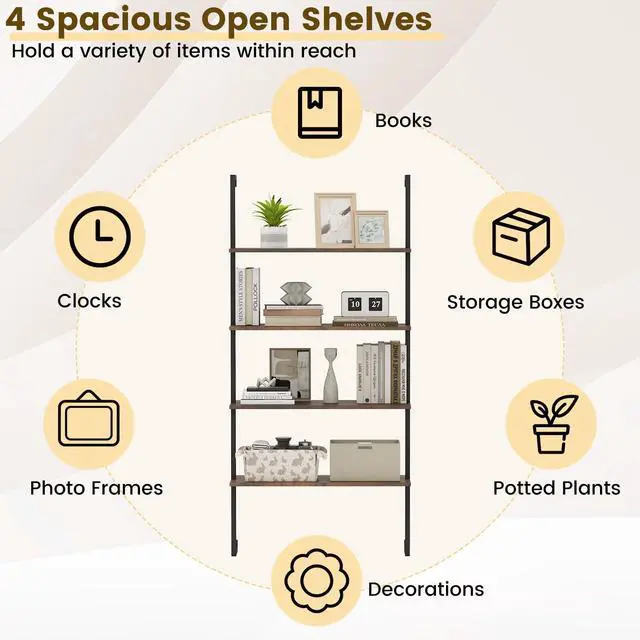 Alt view image 4 of 6 - 4 Tier Modern Wall Mounted Bookshelf Rustic Brown, 64" Industrial Wood Bookcase with Metal Frame, Display Storage Rack Organizer, Ladder Shelf Bookcase for Living Room, Kitchen
