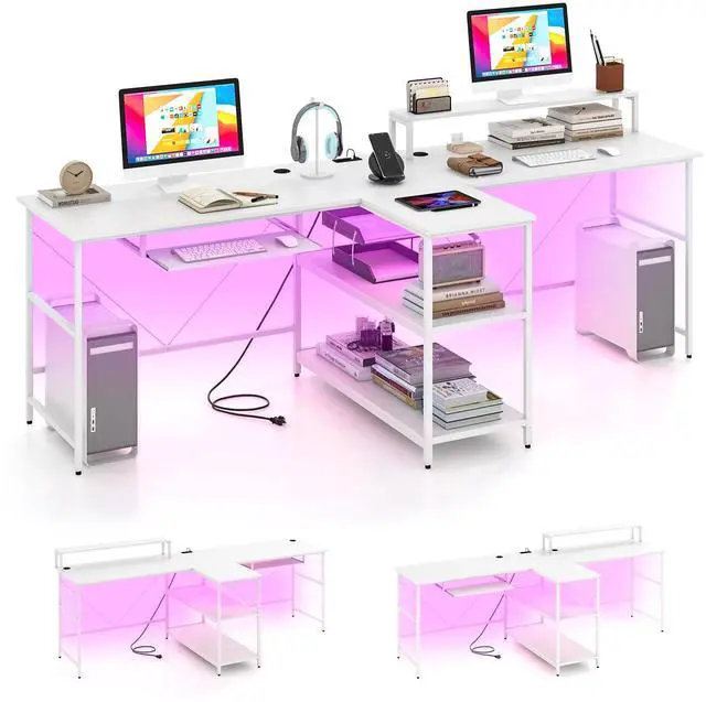 Main image of 2-Person Reversible Computer Desk with LED Lights, 94.5 Long Office Desk with Power Outlets, Monitor Stand, Keyboard Tray & 2 Storage Shelves, Double Desk for Gaming Working Writing (White)