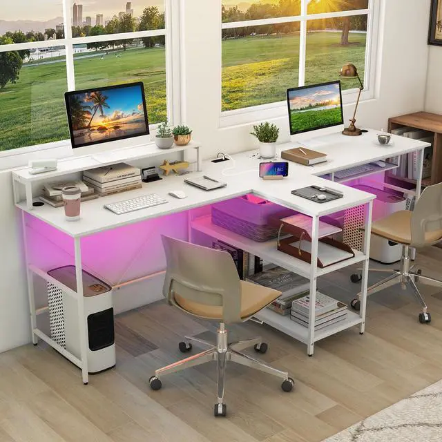 Alt view image 2 of 6 - 2-Person Reversible Computer Desk with LED Lights, 94.5 Long Office Desk with Power Outlets, Monitor Stand, Keyboard Tray & 2 Storage Shelves, Double Desk for Gaming Working Writing (White)