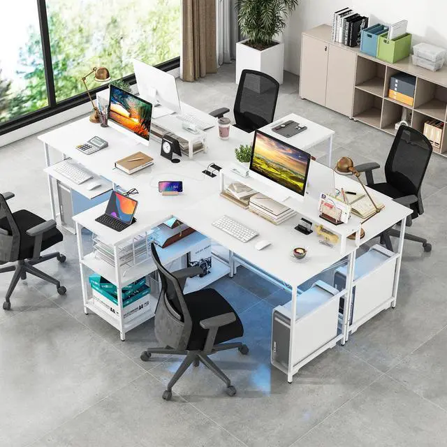 Alt view image 4 of 6 - 2-Person Reversible Computer Desk with LED Lights, 94.5 Long Office Desk with Power Outlets, Monitor Stand, Keyboard Tray & 2 Storage Shelves, Double Desk for Gaming Working Writing (White)