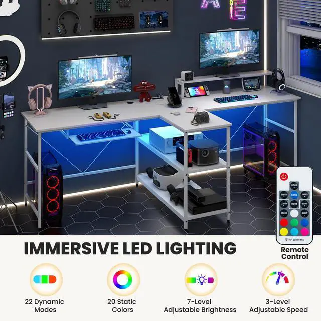Alt view image 5 of 6 - 2-Person Reversible Computer Desk with LED Lights, 94.5 Long Office Desk with Power Outlets, Monitor Stand, Keyboard Tray & 2 Storage Shelves, Double Desk for Gaming Working Writing (White)