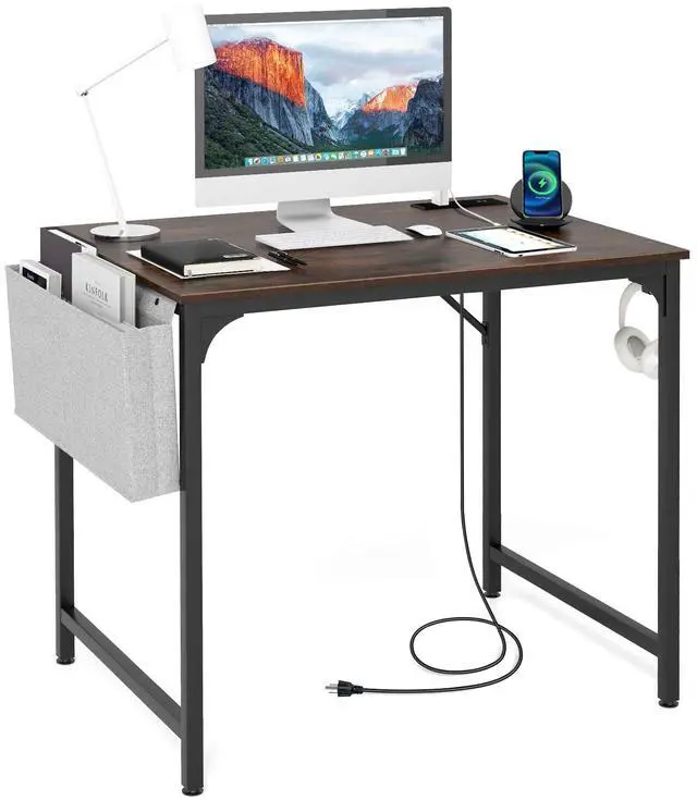 Main image of 32 Computer Desk with Charging Station, Modern Simple Study Writing Desk with Storage Bag, Headphone Hook, Sturdy Metal Frame, Home Office Workstation