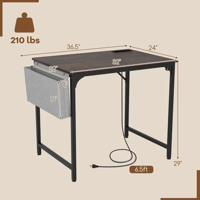 Alt view image 3 of 6 - 32 Computer Desk with Charging Station, Modern Simple Study Writing Desk with Storage Bag, Headphone Hook, Sturdy Metal Frame, Home Office Workstation