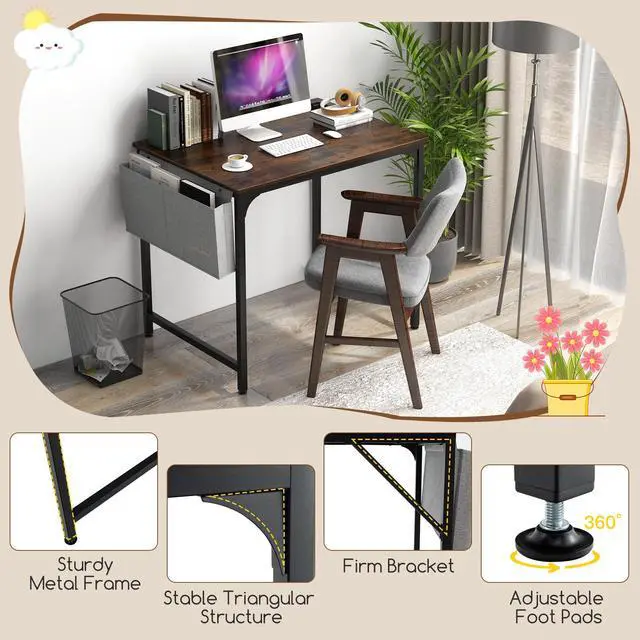 Alt view image 6 of 6 - 32 Computer Desk with Charging Station, Modern Simple Study Writing Desk with Storage Bag, Headphone Hook, Sturdy Metal Frame, Home Office Workstation