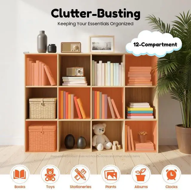 Alt view image 3 of 6 - 12 Cube Storage Organizer - Solid Wood Bookshelf - Cube Shelf - Vertical or Horizontal Bookcase - Open Book Shelf - Easy Assembly for Bedroom, Living Room, Office